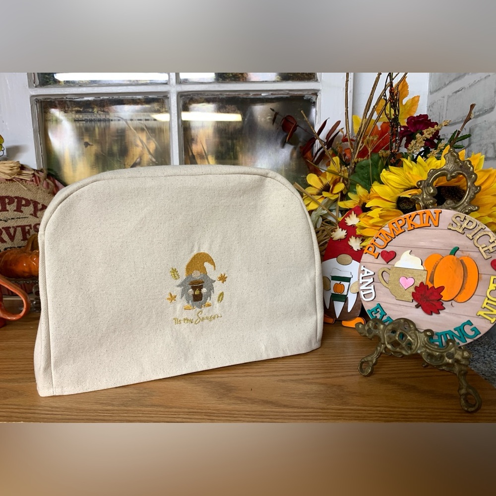 2 Slice Toaster Cover Embroidered Fall Coffee Gnome Natural Cotton Canvas